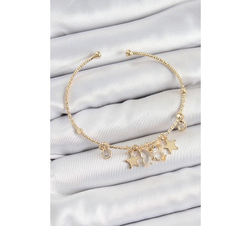 Pirinç Zirkon Taşlı Ve Yıldız Model Gold Renk Charm Bileklik - TJ-BB7355