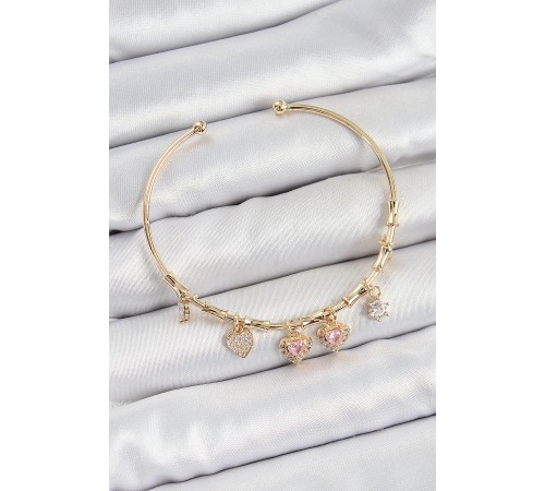 Pirinç Zirkon Taşlı Pembe Kalp Model Gold Renk Charm Bileklik - TJ-BB7356