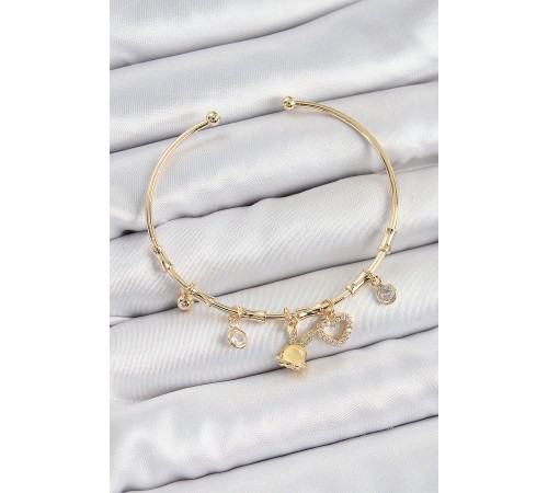 Pirinç Zirkon Taşlı Tavşan Ve Kalp Model Gold Renk Charm Bileklik - TJ-BB7357