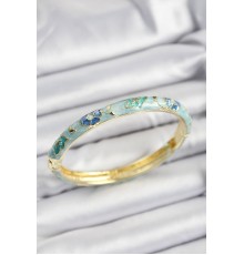 Mineli Pirinç Turkuaz Ve Mavi Çiçek Motifli Gold Renk Kadın Kelepçe - TJ-BB7367