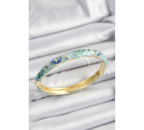 Mineli Pirinç Turkuaz Ve Mavi Çiçek Motifli Gold Renk Kadın Kelepçe - TJ-BB7367