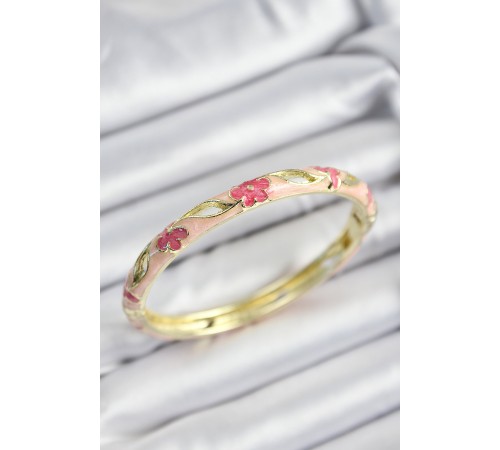 Mineli Pirinç Pembe Çiçek Motifli Gold Renk Kadın Kelepçe - TJ-BB7372