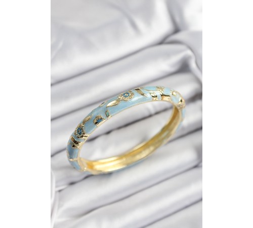 Mineli Pirinç Mavi Çiçek Motifli Gold Renk Kadın Kelepçe - TJ-BB7376