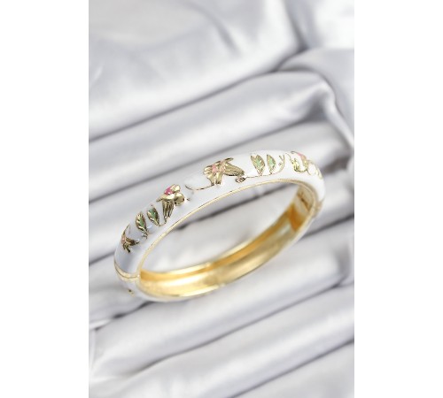 Mineli Pirinç Beyaz Çiçek Motifli Gold Renk Kadın Kelepçe - TJ-BB7377