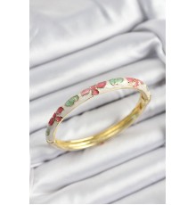 Mineli Pirinç Pembe Yeşil Ve Krem Çiçek Motifli Gold Renk Kadın Kelepçe - TJ-BB7386