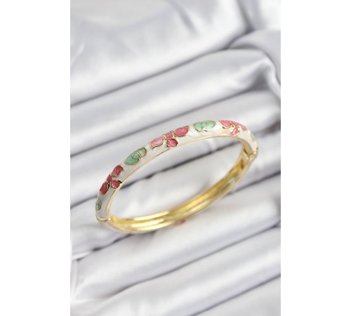 Mineli Pirinç Pembe Yeşil Ve Krem Çiçek Motifli Gold Renk Kadın Kelepçe - TJ-BB7386