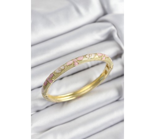Mineli Pirinç Pembe Hardal Ve Krem Çiçek Motifli Gold Renk Kadın Kelepçe - TJ-BB7389