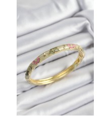 Mineli Pirinç Pembe Ve Yeşil Çiçek Motifli Gold Renk Kadın Kelepçe - TJ-BB7395