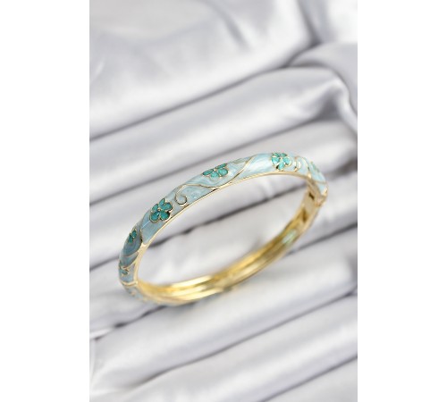 Mineli Pirinç Turkuaz Çiçek Motifli Gold Renk Kadın Kelepçe - TJ-BB7396