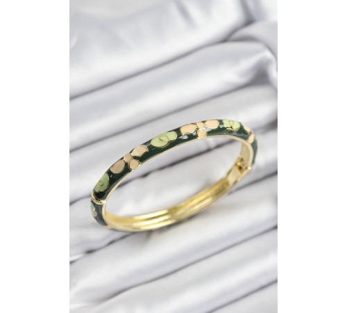 Mineli Pirinç Krem Ve Yeşil Çiçek Motifli Gold Renk Kadın Kelepçe - TJ-BB7400