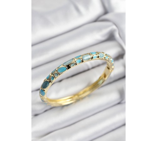 Mineli Pirinç Turkuaz Petek Motifli Gold Renk Kadın Kelepçe - TJ-BB7402