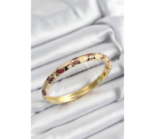 Mineli Pirinç Fuşya Ve Krem Petek Motifli Gold Renk Kadın Kelepçe - TJ-BB7403