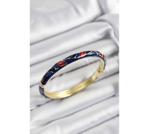 Mineli Pirinç Kırmızı ve Lacivert Yaprak Motifli Gold Renk Kadın Kelepçe - TJ-BB7407