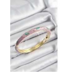Mineli Pirinç Pembe Ve Yeşil Yaprak Motifli Gold Renk Kadın Kelepçe - TJ-BB7409