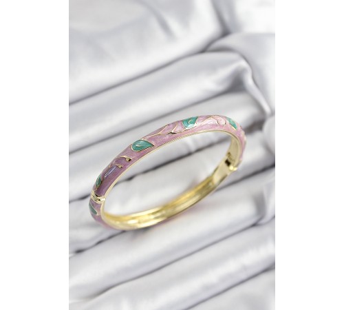 Mineli Pirinç Pembe Ve Yeşil Yaprak Motifli Gold Renk Kadın Kelepçe - TJ-BB7409