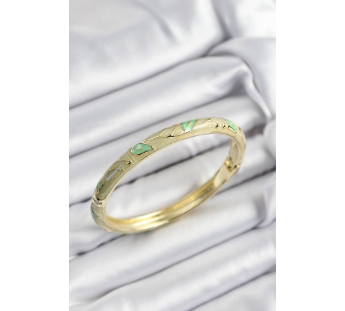 Mineli Pirinç Yeşil Yaprak Motifli Gold Renk Kadın Kelepçe - TJ-BB7413