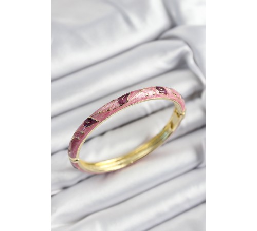 Mineli Pirinç Pembe Ve Fuşya Yaprak Motifli Gold Renk Kadın Kelepçe - TJ-BB7414