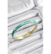 Mineli Pirinç Krem Ve Turkuaz Yaprak Motifli Gold Renk Kadın Kelepçe - TJ-BB7421