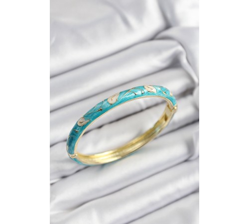 Mineli Pirinç Krem Ve Turkuaz Yaprak Motifli Gold Renk Kadın Kelepçe - TJ-BB7421