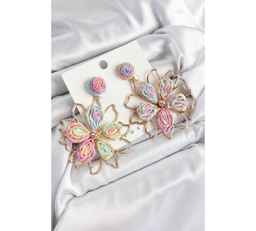 Pirinç Rainbow Çiçek Model Gold Renk Kadın Hasır Küpe - TJ-BKP10889