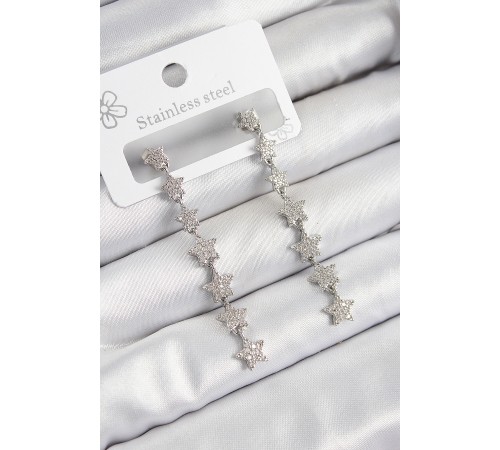 Pirinç Zirkon Taşlı Sallantılı Yıldız Model Gümüş Renk Kadın Küpe - TJ-BKP10911