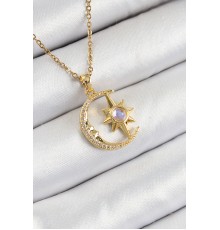 316L Çelik Zirkon Taşlı Kutup Yıldızlı Hilal Model Gold Renk Kadın Kolye - TJ-BKO10341