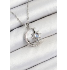 316L Çelik Zirkon Taşlı Kutup Yıldızlı Hilal Model Gümüş Renk Kadın Kolye - TJ-BKO10342