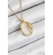 316L Çelik Zirkon Taşlı Yarım Güneş Model Gold Renk Kadın Kolye - TJ-BKO10343