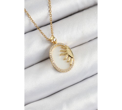316L Çelik Zirkon Taşlı Yarım Güneş Model Gold Renk Kadın Kolye - TJ-BKO10343