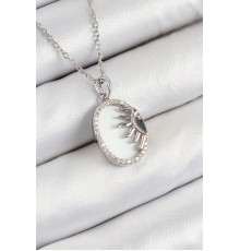 316L Çelik Zirkon Taşlı Yarım Güneş Model Gümüş Renk Kadın Kolye - TJ-BKO10344