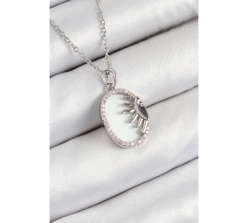 316L Çelik Zirkon Taşlı Yarım Güneş Model Gümüş Renk Kadın Kolye - TJ-BKO10344