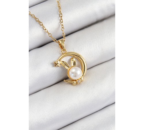 316L Çelik İnci Detaylı Hilal Tavşan Model Gold Renk Kadın Kolye - TJ-BKO10347
