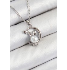 316L Çelik İnci Detaylı Hilal Tavşan Model Gümüş Renk Kadın Kolye - TJ-BKO10348