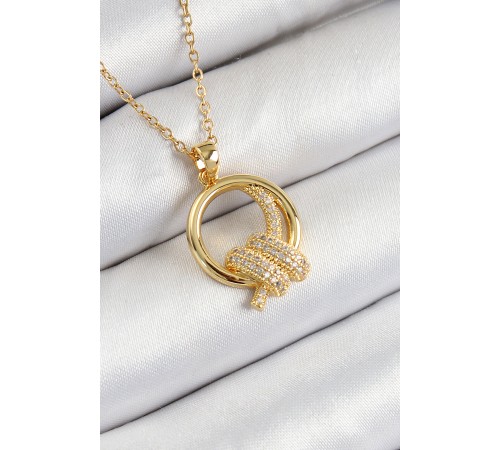 316L Çelik Zirkon Taşlı Düğüm Model Gold Renk Kadın Kolye - TJ-BKO10349