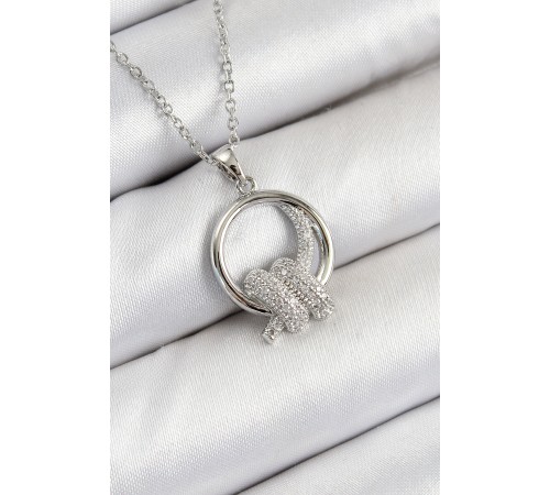 316L Çelik Zirkon Taşlı Düğüm Model Gümüş Renk Kadın Kolye - TJ-BKO10350