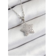316L Çelik Zirkon Taşlı Yıldız Model Gümüş Renk Kadın Kolye - TJ-BKO10352