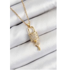 316L Çelik Zirkon Taşlı Kilit Ve Sallantılı Anahtar Model Gold Renk Kadın Kolye - TJ-BKO10353