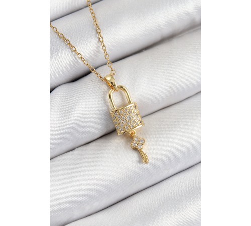 316L Çelik Zirkon Taşlı Kilit Ve Sallantılı Anahtar Model Gold Renk Kadın Kolye - TJ-BKO10353