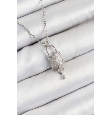 316L Çelik Zirkon Taşlı Kilit Ve Sallantılı Anahtar Model Gümüş Renk Kadın Kolye - TJ-BKO10354