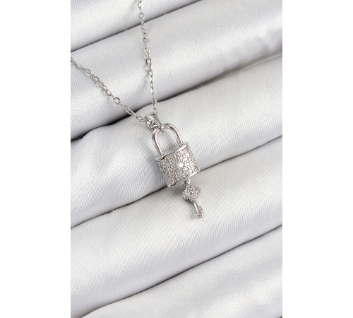 316L Çelik Zirkon Taşlı Kilit Ve Sallantılı Anahtar Model Gümüş Renk Kadın Kolye - TJ-BKO10354