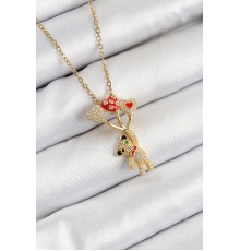 316L Çelik Zirkon Taşlı Uçan Balonlu Ayıcık Model Gold Renk Kadın Kolye - TJ-BKO10355