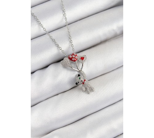 316L Çelik Zirkon Taşlı Uçan Balonlu Ayıcık Model Gümüş Renk Kadın Kolye - TJ-BKO10356