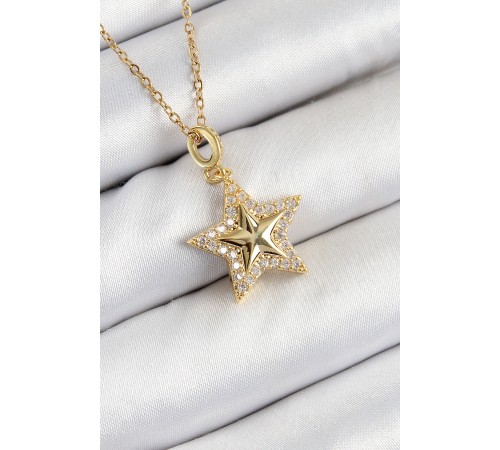 316L Çelik Zirkon Taşlı Yıldız Model Gold Renk Kadın Kolye - TJ-BKO10357