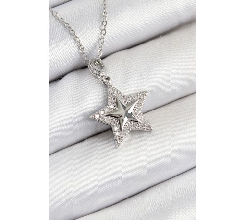316L Çelik Zirkon Taşlı Yıldız Model Gümüş Renk Kadın Kolye - TJ-BKO10358