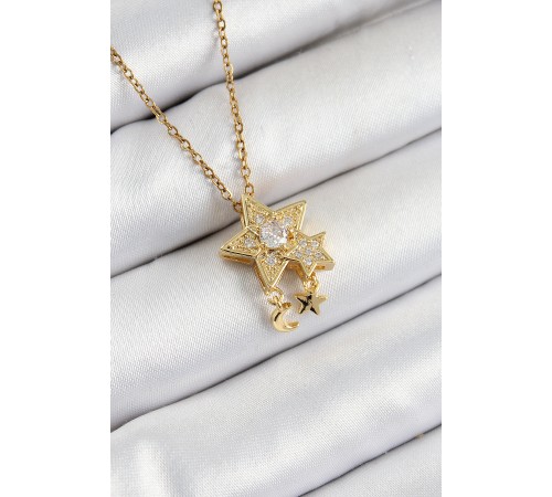 316L Çelik Zirkon Taşlı Sallantılı Yıldız Model Gold Renk Kadın Kolye - TJ-BKO10361