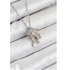 316L Çelik Zirkon Taşlı Sallantılı Yıldız Model Gümüş Renk Kadın Kolye - TJ-BKO10362