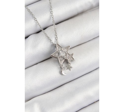 316L Çelik Zirkon Taşlı Sallantılı Yıldız Model Gümüş Renk Kadın Kolye - TJ-BKO10362