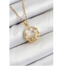 316L Çelik Zirkon Taşlı İnci Detaylı Halka Model Gold Renk Kadın Kolye - TJ-BKO10363