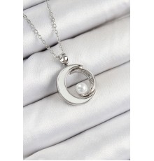 316L Çelik Zirkon Taşlı İnci Detaylı Hilal Model Gümüş Renk Kadın Kolye - TJ-BKO10364