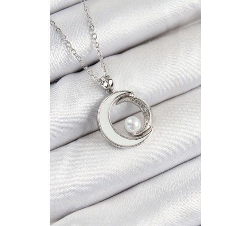 316L Çelik Zirkon Taşlı İnci Detaylı Hilal Model Gümüş Renk Kadın Kolye - TJ-BKO10364